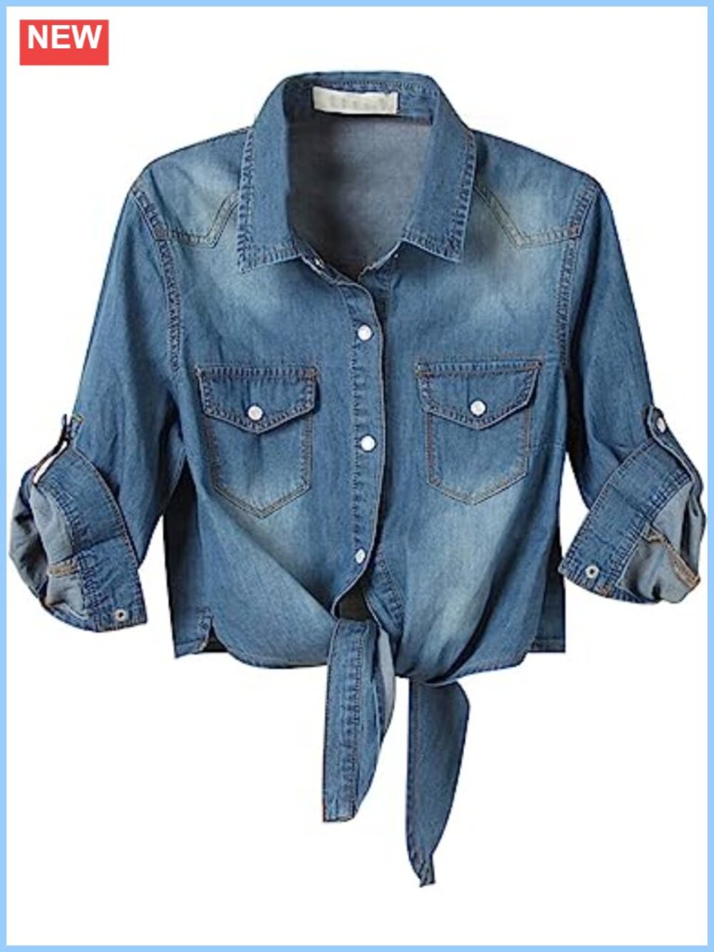 Women's Tie Front Crop Denim Shirt Button Down Chambray Top